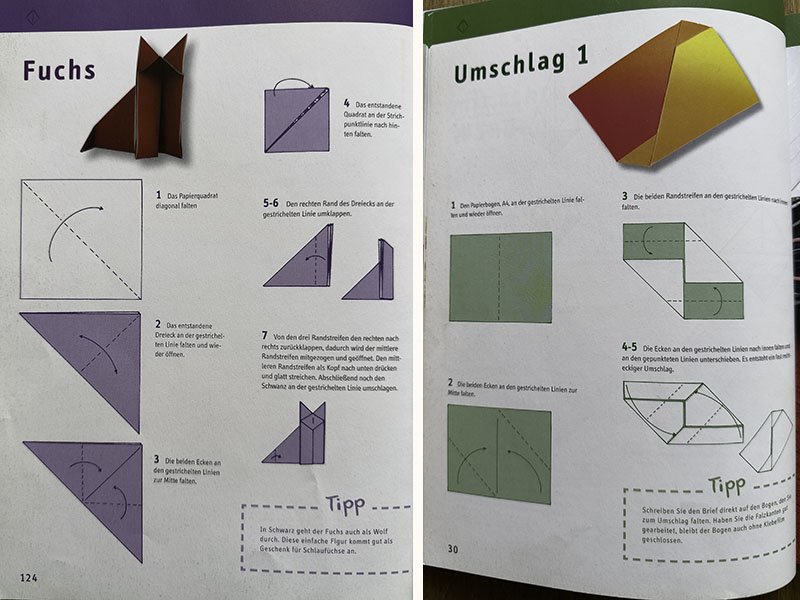 Zwei Seiten aus einem Buch mit einer Anleitung zum Falten eines Fuchses und eines Umschlags.