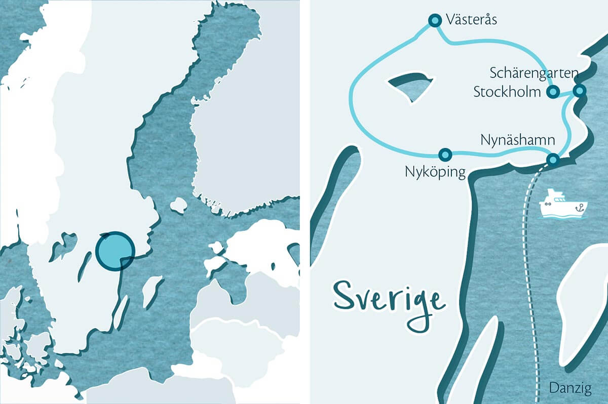 Karte Rundreise ab Stockholm in die Natur