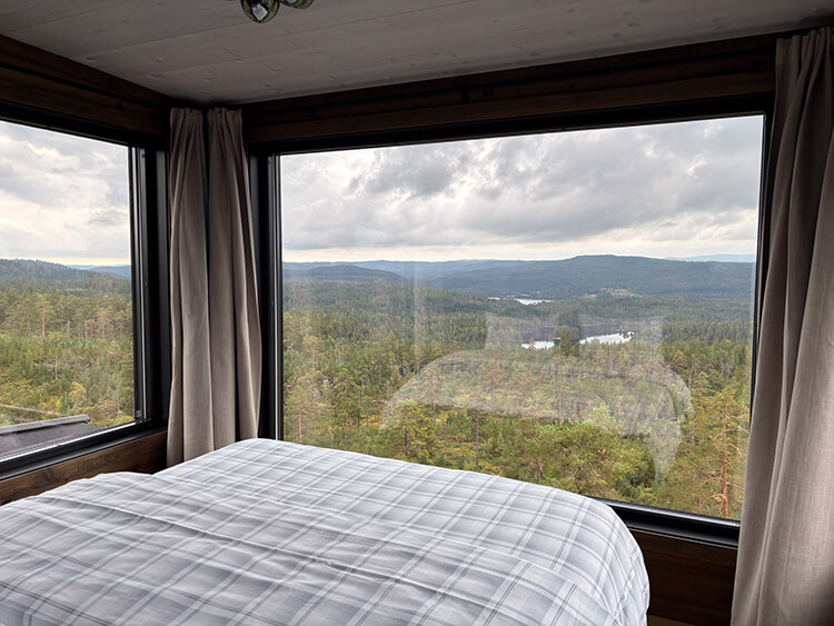 Modernes Schlafzimmer mit einem Bett und großen Glasfenstern mit Ausblick über Wald