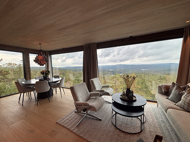 Modernes Wohnzimmer mit Glasfenstern und Ausblick über einen Wald