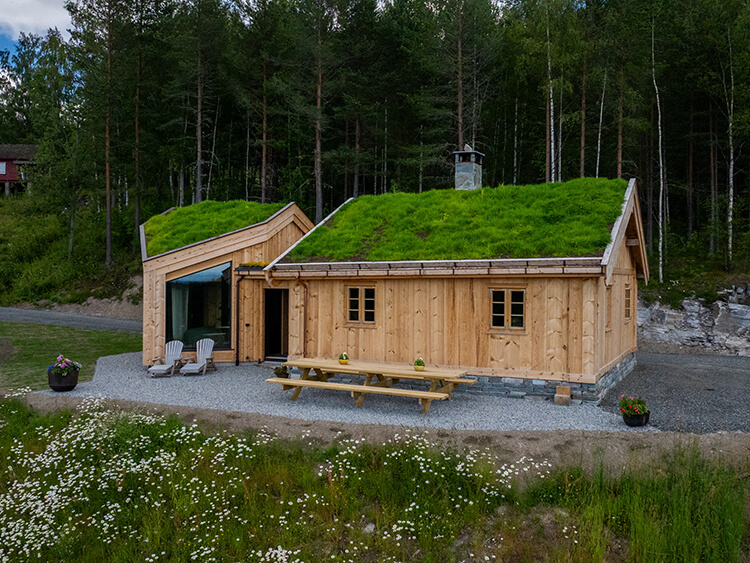 Holzferienhaus mit begrüntem Dach vor Nadelwald, davor Picknickbank und zwei Stühle auf Kiesfläche.