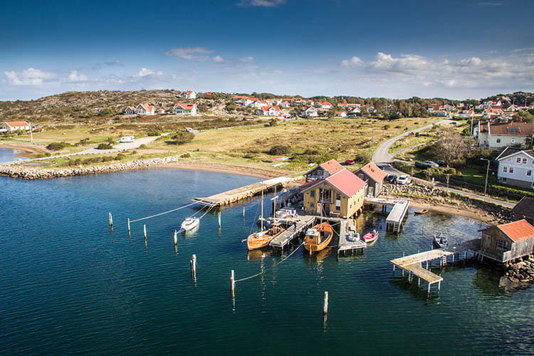 Kleiner Hafen mit Booten an Stegen vor einer Küstenlandschaft mit Häusern und Wiesen