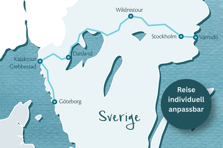 Gezeichnete Karte im Aquarellstil von Südschweden. Eingezeichnete Route zwischen Stockholm und Göteborg.