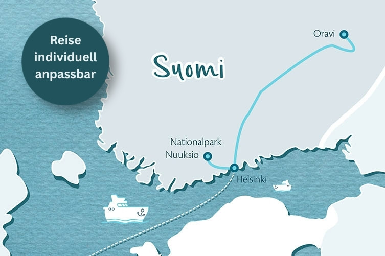 eine gezeichnete Karte vom Süden Finnlands mit den Stationen Helsinki, Oravi und Nationalpark Nuuksio