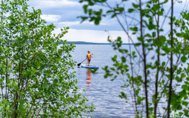 Person mit orangefarbener Schwimmweste steht auf einem Stand-up-Paddle-Board auf einem See, umgeben von grünen Büschen.