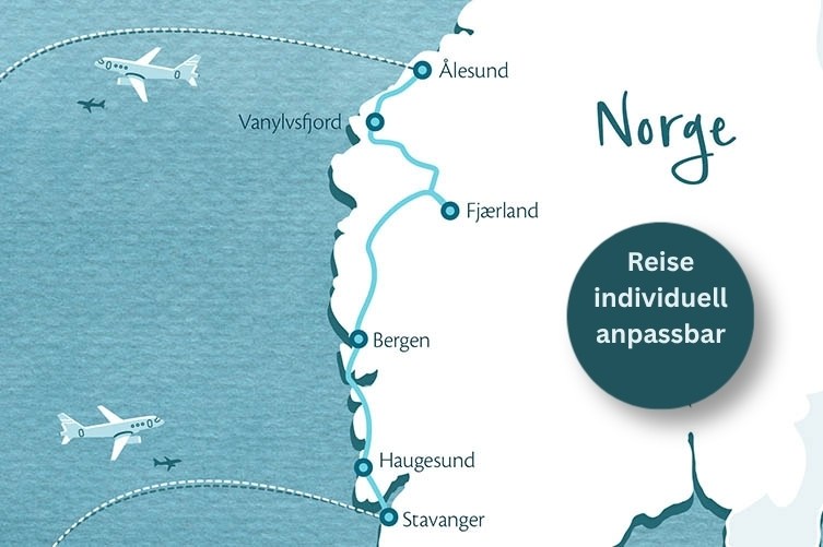 Gezeichnete Karte im Aquarellstil der Küste Norwegens von Stavanger bis Ålesund. Die Route entlang der Küste ist eingezeichnet.