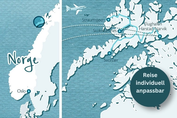 Gezeichnete Karte im Aquarellstil mit den Lofoten. Eingezeichnet sind die Stationen dieser Reise.
