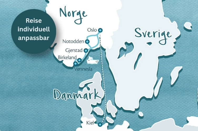 Gezeichnete Karte im Aquarellstil mit Dänemark, Südnorwegen und Süschweden. Die Reiseroute ist ab Oslo entlang der norwegischen Südküste eingezeichnet.