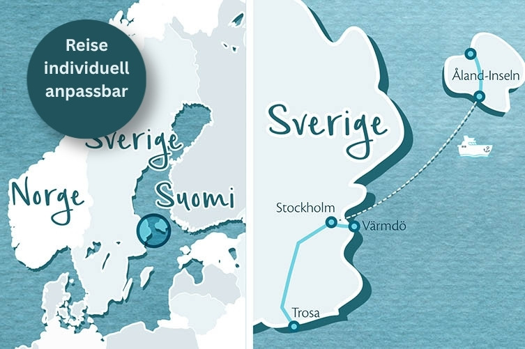 Gezeichnete Karte im Aquarellstil von Norwegen, Schweden und Finnland mit einem Ausschnitt, der Stockholm und die Ålandinseln zeigt.