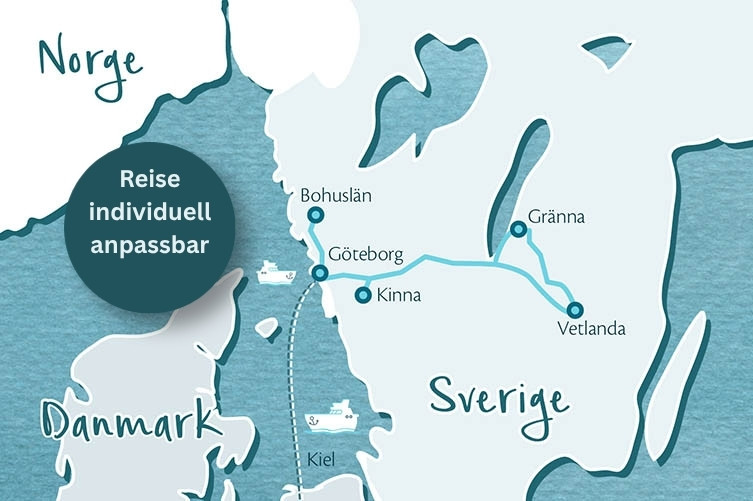 Gezeichnete Karte im Aquarellstil von Südschweden. Die Route der Reise ist eingezeichnet.