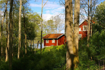 Rote Holzhäuser in einer leicht hügeligen Landschaft mit Bäumen, Büschen und dem Meer im Hintergrund.