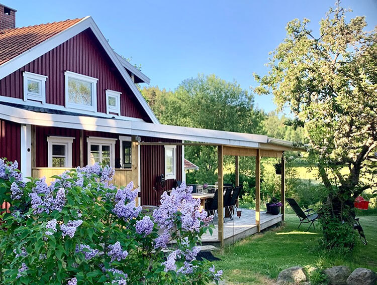 Rotes schwedisches Ferienhaus mit überdachter Terrasse, umgeben von blühendem Flieder und einem Baum im Garten.