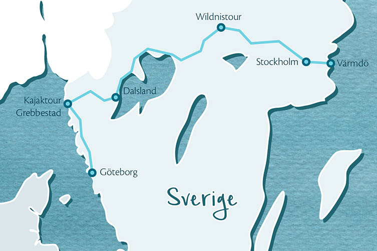 Gezeichnete Karte im Aquarellstil von Südschweden. Eingezeichnete Route zwischen Stockholm und Göteborg.