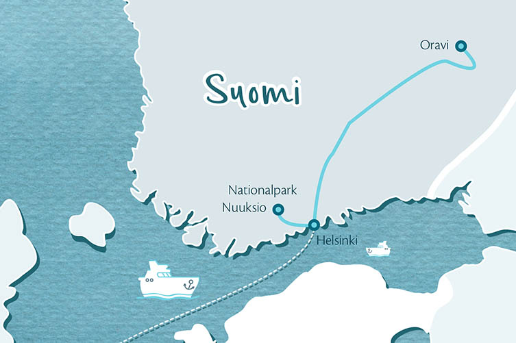 Gezeichnete Karte vom Süden Finnlands mit den Orten Helsinki, Oravi un Nationalpark Nuuksio