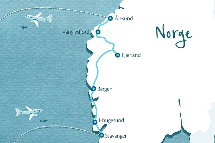 Gezeichnete Karte im Aquarellstil der Küste Norwegens von Stavanger bis Ålesund. Die Route entlang der Küste ist eingezeichnet.