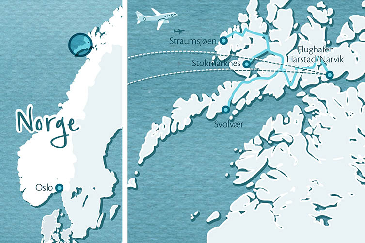Gezeichnete Karte im Aquarellstil mit den Lofoten. Eingezeichnet sind die Stationen dieser Reise.
