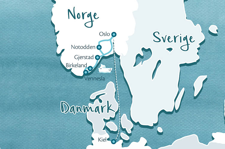 Gezeichnete Karte im Aquarellstil mit Dänemark, Südnorwegen und Süschweden. Die Reiseroute ist ab Oslo entlang der norwegischen Südküste eingezeichnet.