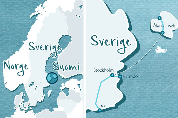 Gezeichnete Karte im Aquarellstil von Norwegen, Schweden und Finnland mit einem Ausschnitt, der Stockholm und die Ålandinseln zeigt.