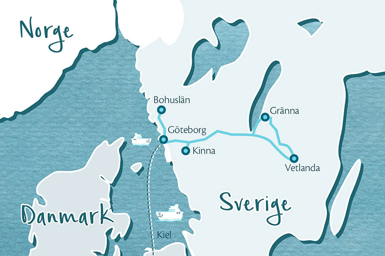 Gezeichnete Karte im Aquarellstil von Südschweden. Die Route der Reise ist eingezeichnet.