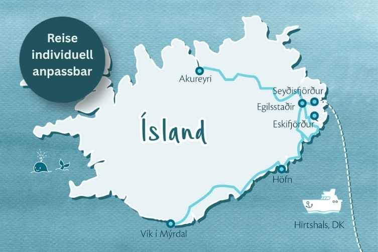 Islandkarte im Aquarellstil mit eingezeichneter Karte der Route durch Islands Osten.