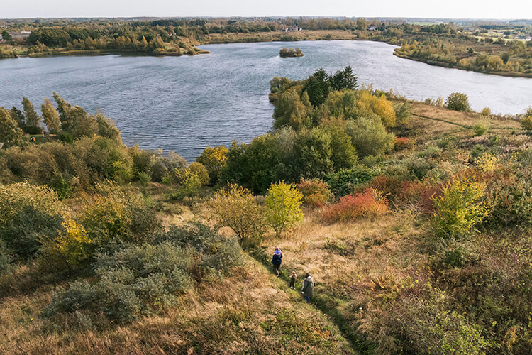 Eine Landschaft mit Wasser und herbstlichen Wiesen.