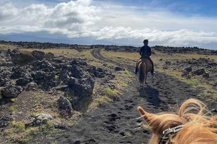 Reiter auf einem Pferd auf einem schmalen Pfad durch eine karge, felsige Landschaft unter bewölktem Himmel
