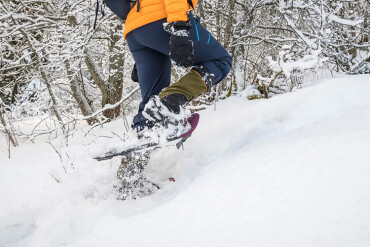 Person mit Schneeschuhen steigt im Schnee an einem bewaldeten Hang