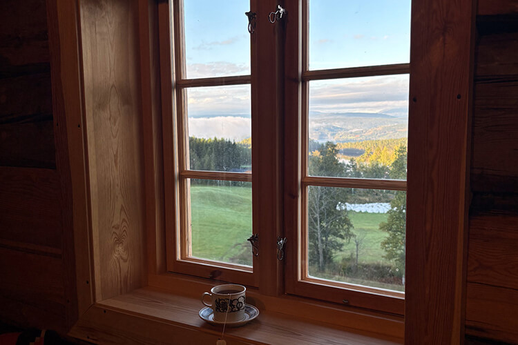 Ein Fenster mit einem Holzrahmen, auf dem Fensterbrett steht eine Tasse. Aus dem Fenster kann man in eine weite Landschaft blicken.