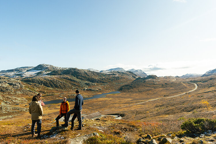 Vier Personen stehen in einer Fjälllandschaft.