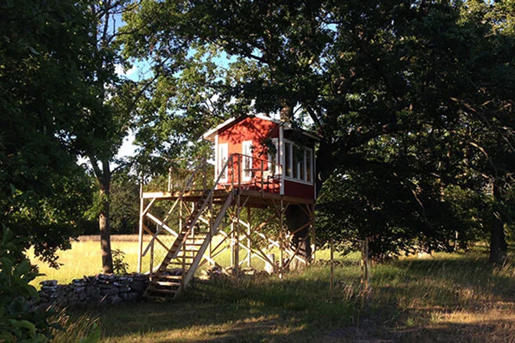 Kleines rotes Baumhaus auf Stelzen mit Treppe umgeben von Bäumen und Wiese