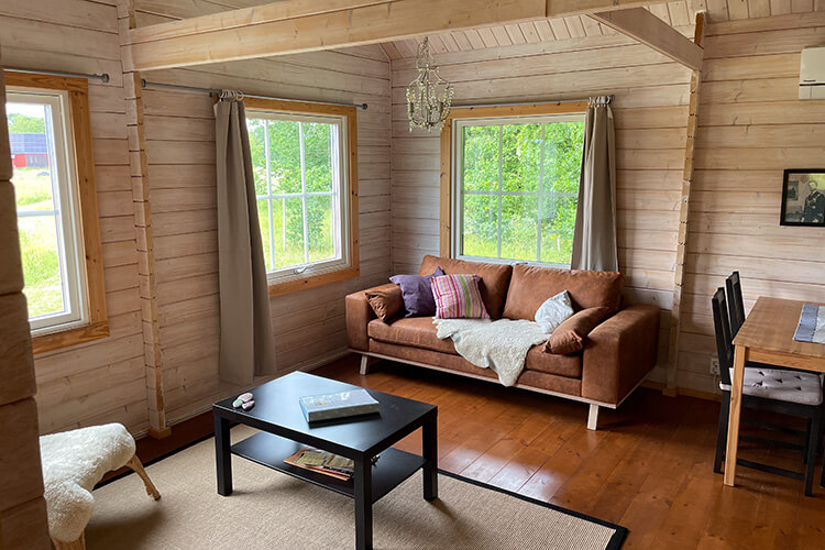 Wohnzimmer in einem schwedischen Ferienhaus mit braunem Sofa, zwei Fenstern, einem schwarzen Couchtisch und Holzwänden