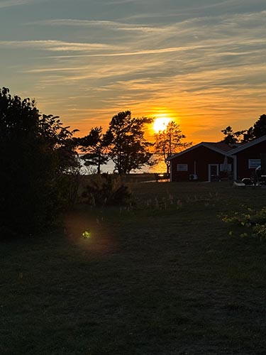 Sonnenuntergang hinter Bäumen und einem Haus am Wasser mit dunklem Vordergrund